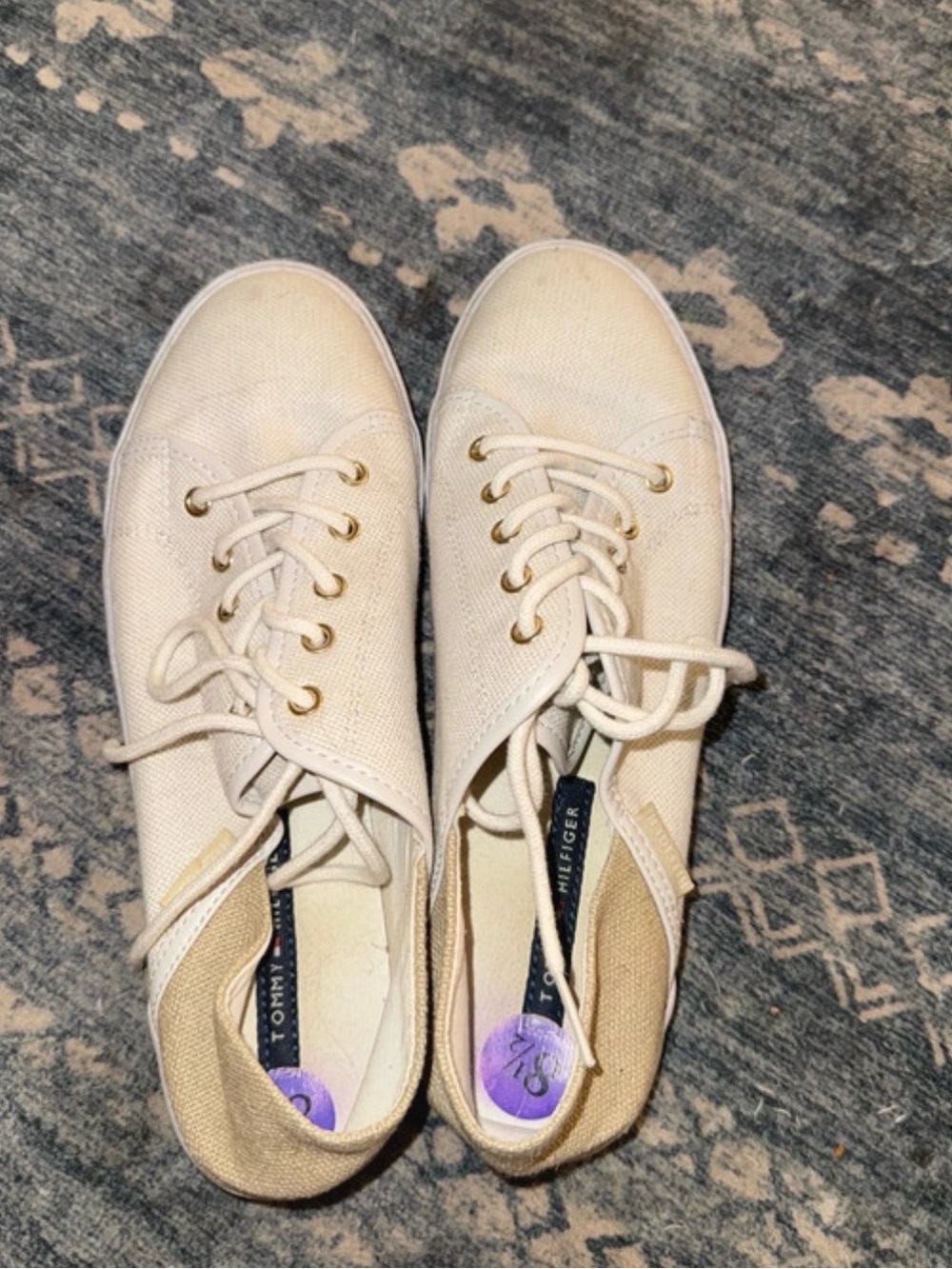 Tommy Hilfiger Off-White Canvas Lace-Up Sneakers with Gold-Tone Eyelets